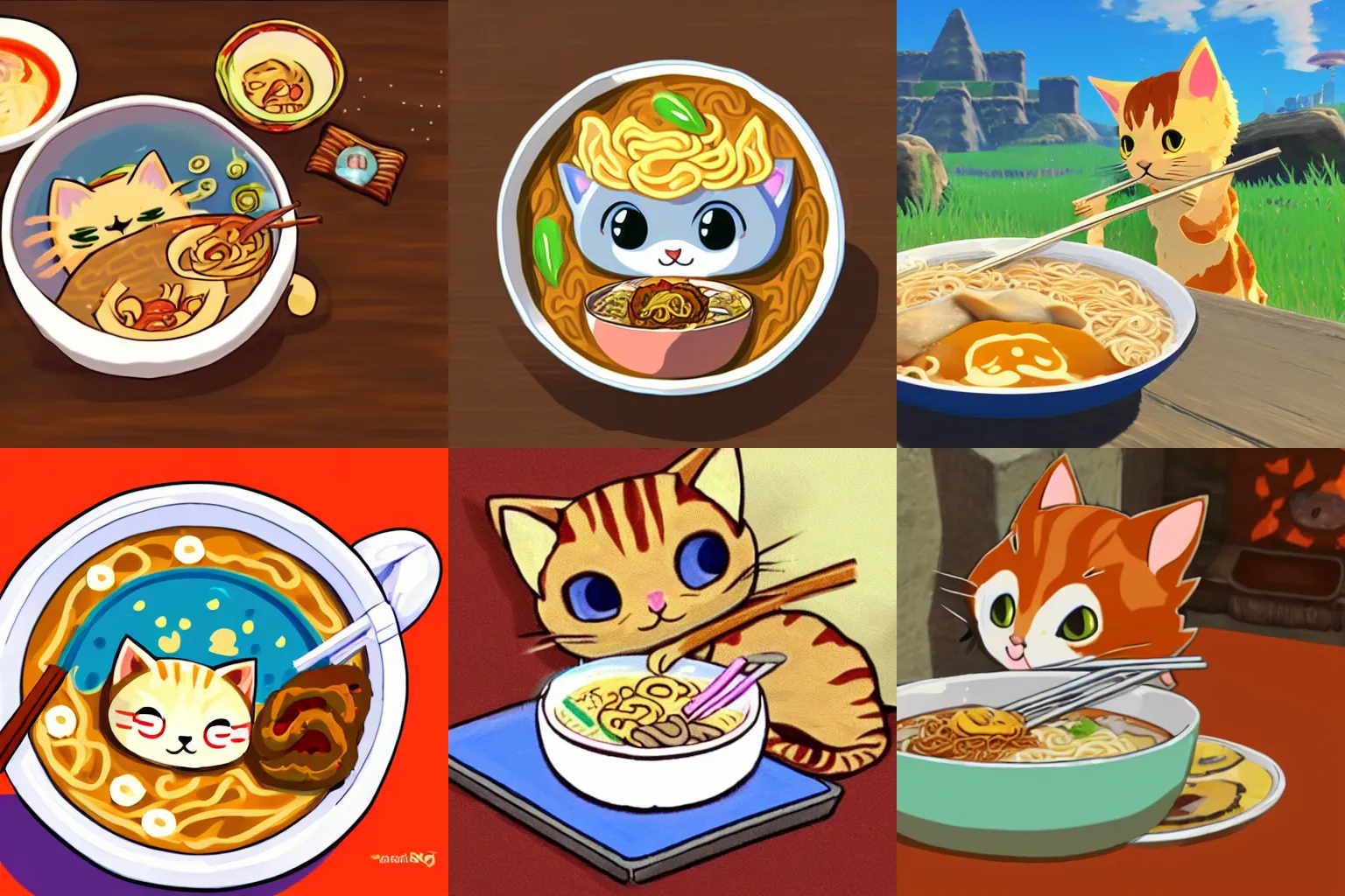 Prompt: Cute kawaii cat eating a bowl of ramen in The Legend of Zelda Breath of the Wild, toon shading, npr