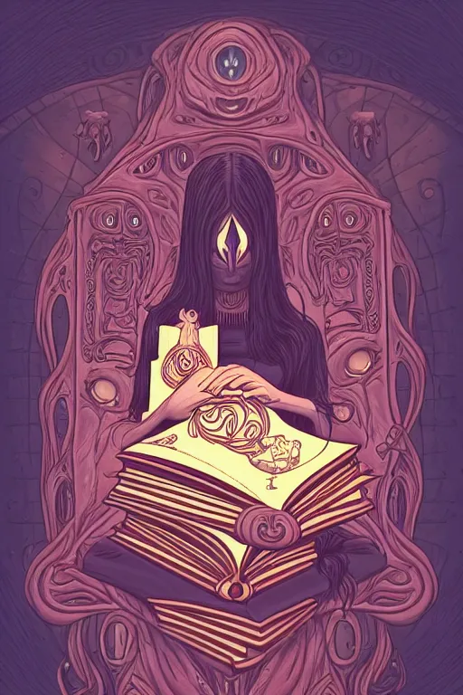 Image similar to ai illustration of romantic girl, her cat and her book of necronomicon, symmetrical, cinematic, sharp focus, 4 k, ultra hd, sense of awe, sinister demonic atmosphere, dreadful, forbidden knowledge, old gods, cthulhu, yog - sothoth! yah, yah, yah! cultist journal cover