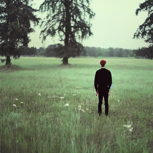 Image similar to kodak portra 1 6 0 photograph of a skinny guy standing in field of dead trees, flower crown, back view, moody lighting, moody vibe, telephoto, 9 0 s vibe, blurry background, tranquil, calm, faded!,