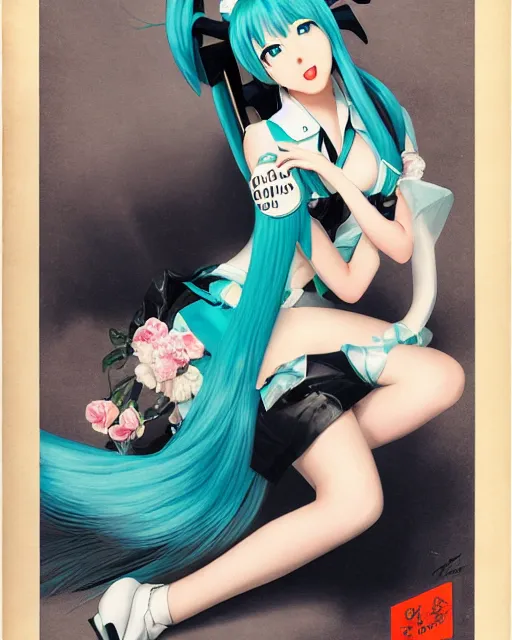 Image similar to hatsune Miku with cute face by Gil Elvgren and Enoch Bolle