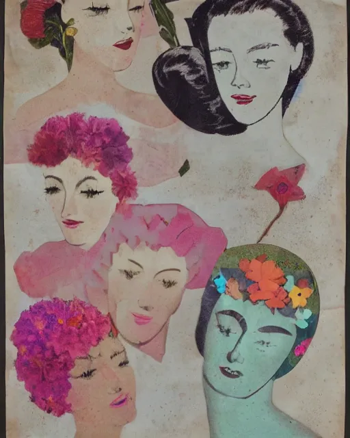 Prompt: different women's faces, cut and paste collage, pressed flowers, soft coloring, 1 9 5 0 s, silk, pearlescent, watery, serene emotions