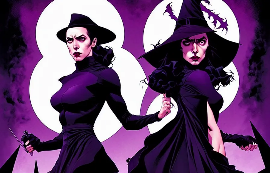 Image similar to rafael albuquerque comic cover art, artgerm, joshua middleton, pretty stella maeve witch doing black magic, serious look, purple dress, symmetrical eyes, symmetrical face, long black hair, full body, werewolf behind eva, twisted evil dark forest in the background, cool colors