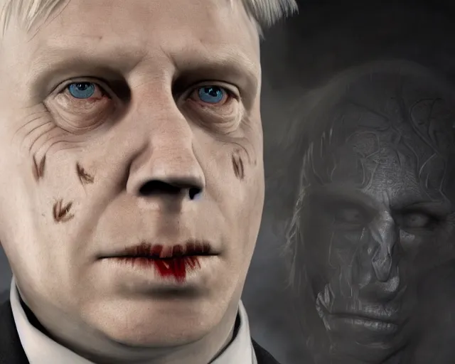 Image similar to boris johnson is voldemort, character art, by various concept artists, redshift render, hyperrealistic face, photorealistic render