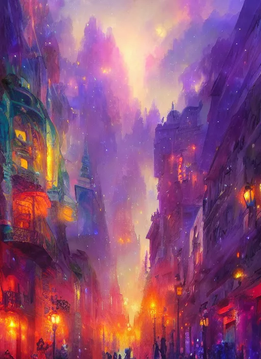 Prompt: ethereal starlit city of magic lost in time at sunset, art station, fauvism, matte painting, johan grenier, hd, digital painting