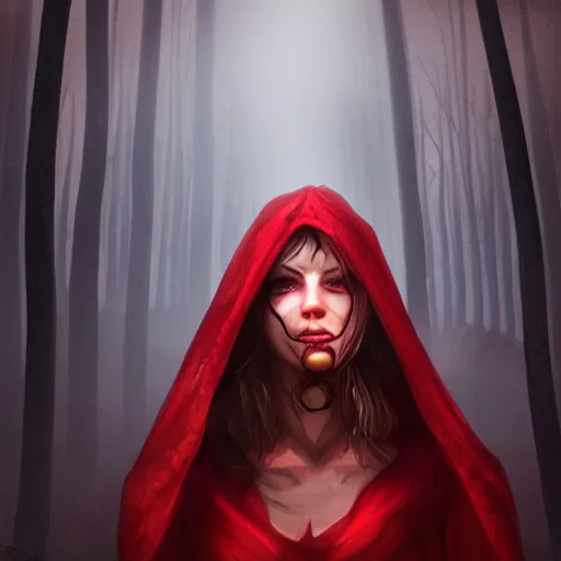 Image similar to cinematic, fierce red riding hood with a scar on her face standing in a dark forest, dark, 4k, artstation, highly rendered, beautiful, high resolution