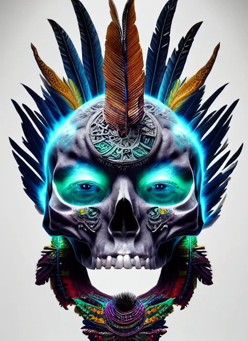 Image similar to 3 d shaman with tattoos profile portrait, sigma 5 0 0 mm f / 5. beautiful intricate highly detailed quetzalcoatl skull and feathers. bioluminescent, plasma, lava, ice, water, wind, creature, thunderstorm! artwork by tooth wu and wlop and beeple and greg rutkowski, 8 k trending on artstation,