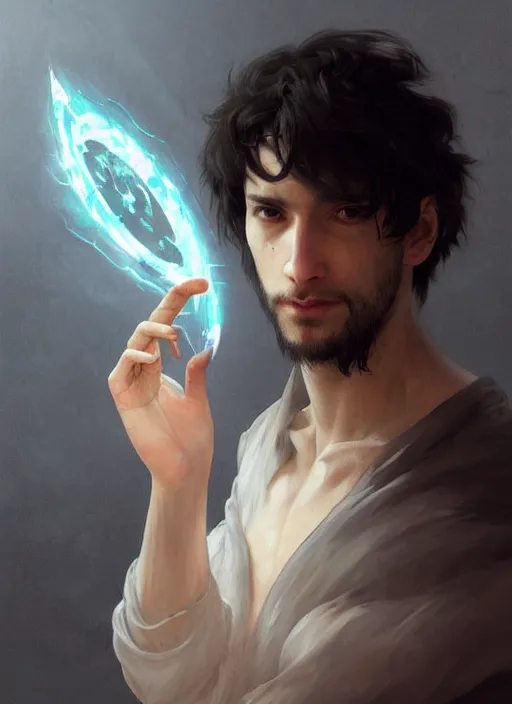 Prompt: character concept portrait of an attractive young aroused Spanish wizard with pale grey skin enchanting a destruction curse, a floating iridescent spell book in the center, intricate, elegant, digital painting, concept art, smooth, sharp focus, illustration, from Metal Gear, by Ruan Jia and Mandy Jurgens and William-Adolphe Bouguereau, Artgerm