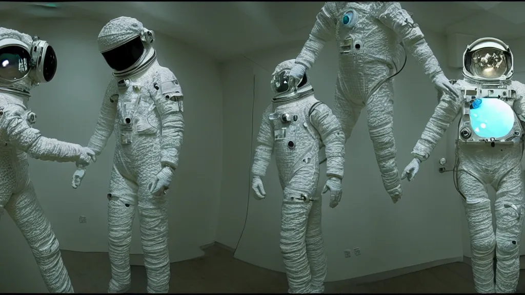 Image similar to a single astronaut eva suit made of diamond 3d fractal lace iridescent bubble 3d skin and covered with insectoid compound eye camera lenses floats through the living room, film still from the movie directed by Denis Villeneuve with art direction by Salvador Dalí, wide lens,