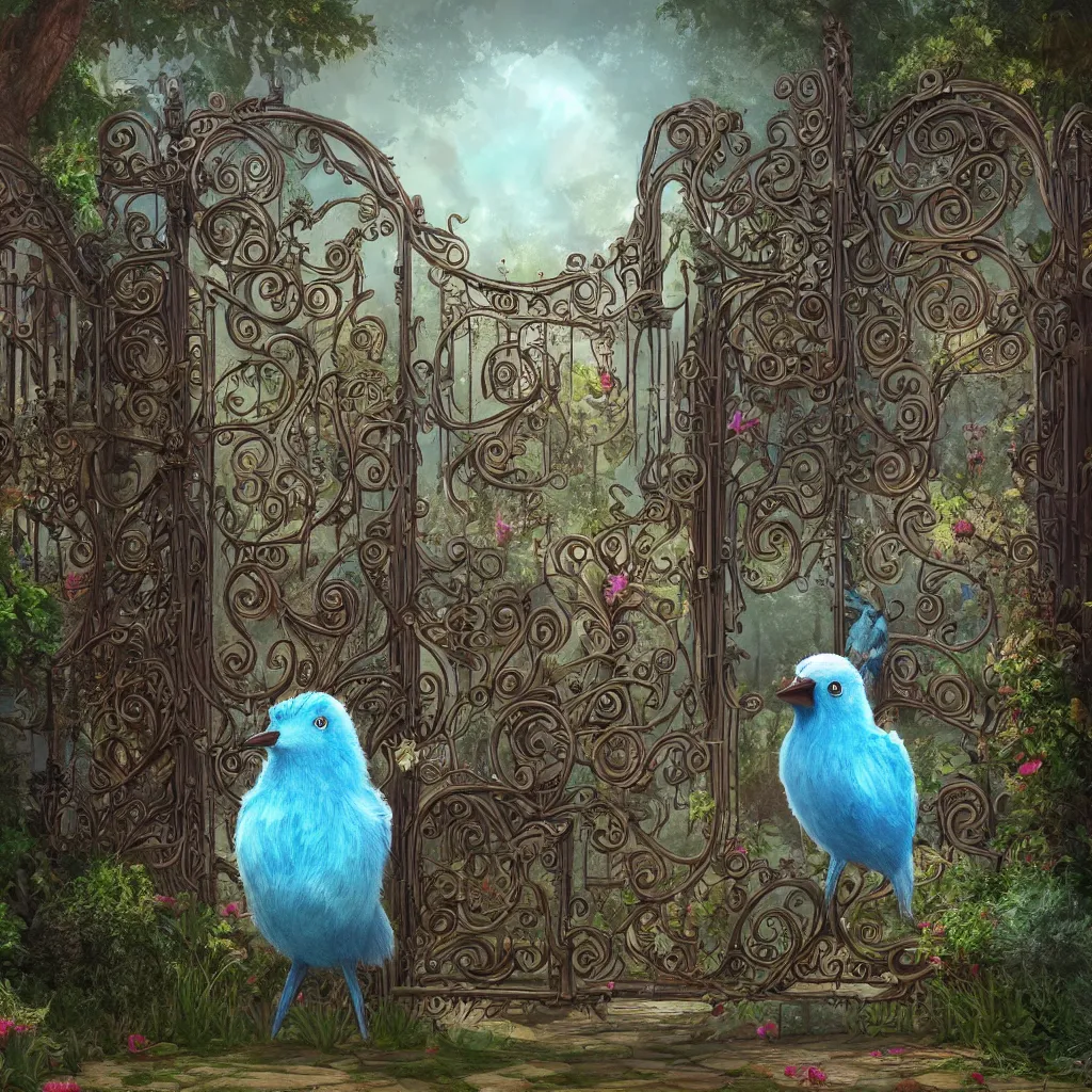 Prompt: the twitter bird standing aggressively in front of a gate to a whimsical garden and nobody is allowed inside the gate, wide view, concept art, intricate details, highly detailed, award winning, dramatic lighting, intricate details, cg, artstation