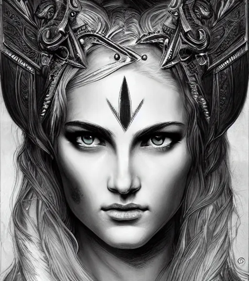 Image similar to beautiful aphrodite goddess wearing an arrow on her head, realistic face, beautiful eyes, black and white drawing, in the style of greg rutkowski, fantasy, amazing detail, epic, intricate, elegant, smooth, sharp focus