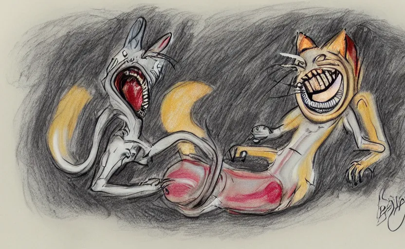 Prompt: a deep funny and gross comic by bill plympton about cats and xenomorphs, crayon, multicolor sketch