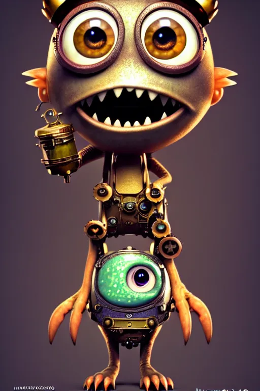 Prompt: a tiny cute steampunk monster with big eyes smiling waving, back view, isometric 3 d, ultra hd, character design by mark ryden pixar hayao miyazaki, unreal 5, daz, hyperrealistic, octane render, cosplay, rpg portrait, dynamic lighting, intricate detail, summer vibrancy, cinematic, symmetrically isometrically centered