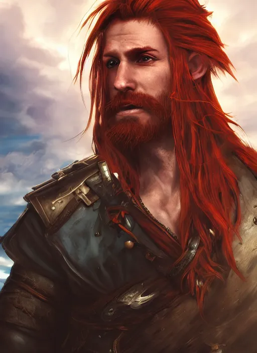 Image similar to an epic fantasy comic book style portrait painting of a long haired, red headed male sky - pirate in front of an airship, unreal 5, daz, hyperrealistic, octane render, cosplay, rpg portrait, dynamic lighting, in the style of final fantasy