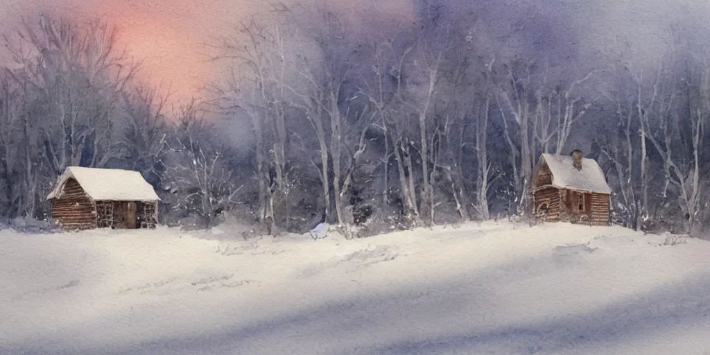 Prompt: a watercolor painting of a cabin in a snowy landscape, at dusk, painted by lars lerin