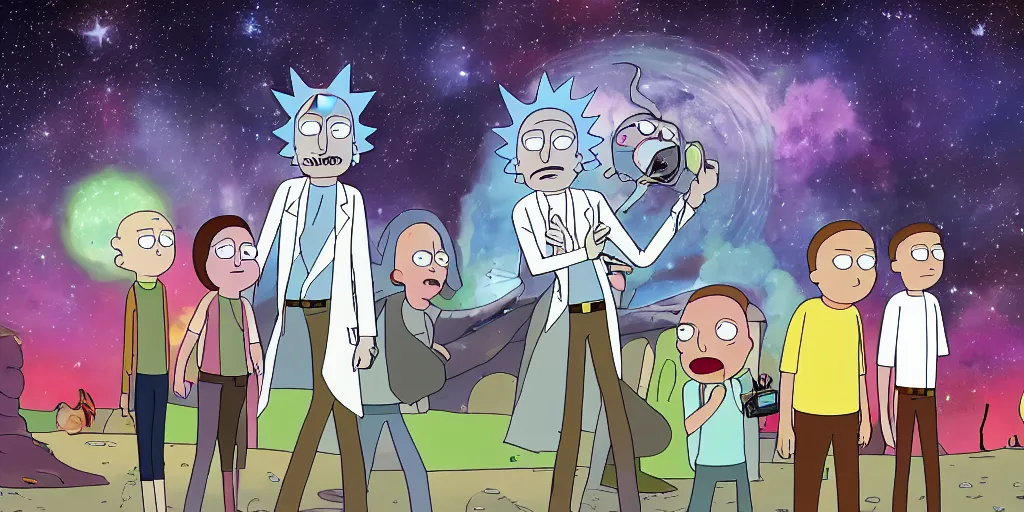 Image similar to sky, stars, galaxy, rick and morty playing harry potter