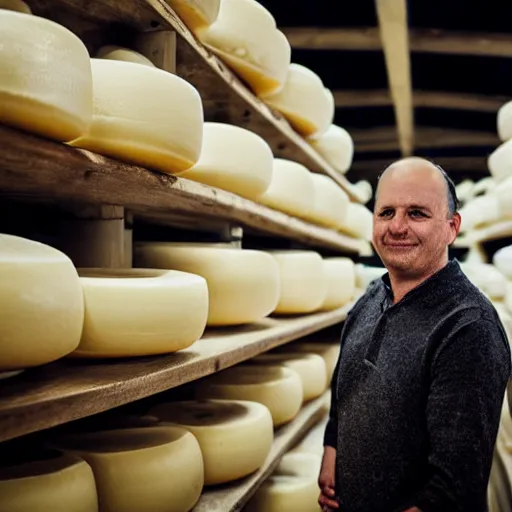 Prompt: a portrait of a man in a cheese factory