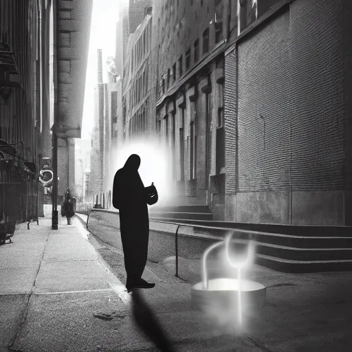 Image similar to sheet ghost with a cigarette in mouth, irreverently haunting a NYC sidewalk, trending on artstation, 8k, 4k, volumetric lighting, lighthearted, cinematic composition, hd, fun