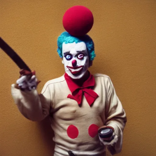 Image similar to a beige clown holding a machete, 3 5 mm film