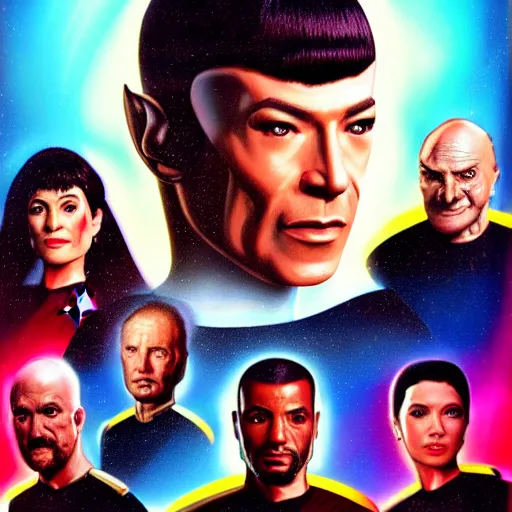 Prompt: Star Trek TNG crew portrait photo, Cyberpunk 2049, highly detailed, photorealistic