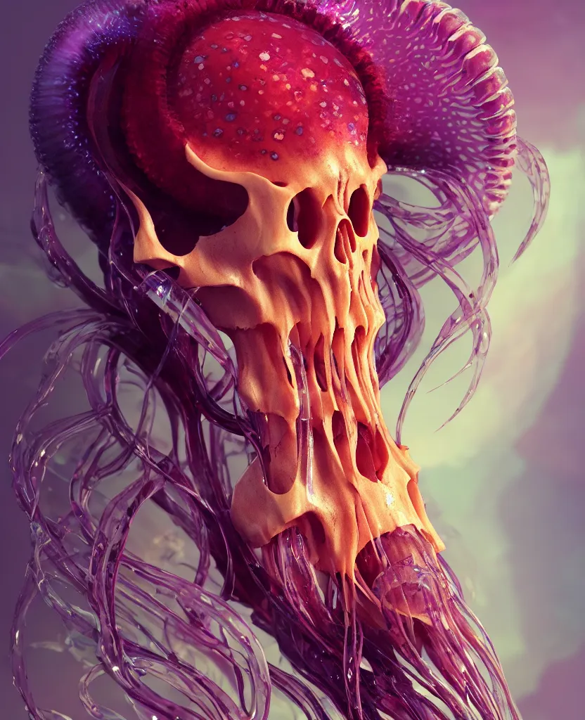 Image similar to goddess close-up portrait animal skull. jellyfish phoenix head, nautilus, orchid, skull, betta fish, bioluminiscent creatures, intricate artwork by Tooth Wu and wlop and beeple. octane render, trending on artstation, greg rutkowski very coherent symmetrical artwork. cinematic, hyper realism, high detail, octane render, 8k