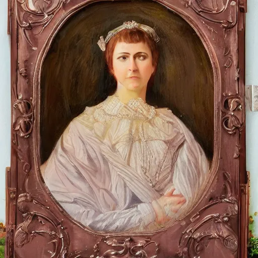 Image similar to A portrait of a stern and large beautiful woman, oil painting, majestic, detailed, high resolution