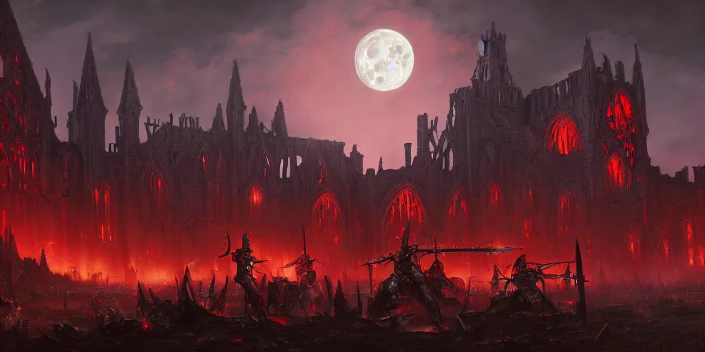 Image similar to highly detailed portrait painting of ancient abbey warhammer battle, old abbey in the background, full red moon, by eddie mendoza and tyler edlin, 8 k resolution