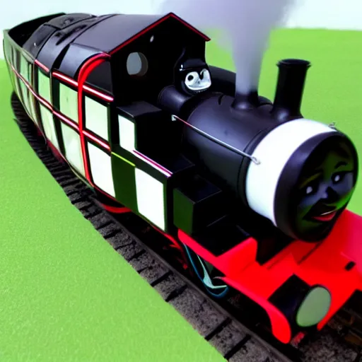 Prompt: photo realistic black and red thomas the tank engine with a white face going fast