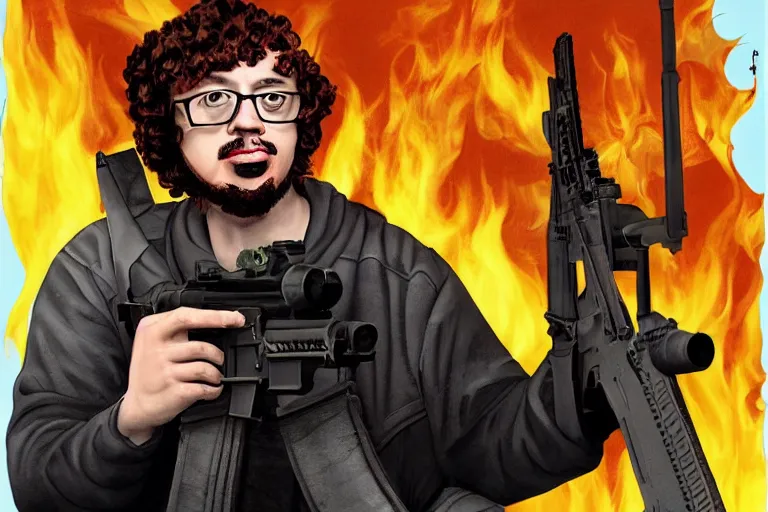 Prompt: portrait of Sam Hyde holding an AR-15 rifle, standing outside a flaming burnt down white house, epic, trending on artstation