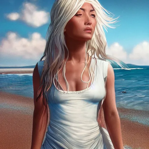 Prompt: digital art of a hispanic woman with long white hair wearing a dress at the beach, summer warm weather, beautiful lighting, by artgerm, by greg rutkowski, highly detailed, octane render, beautiful face, 4 k, trending on artstation, palm tree background