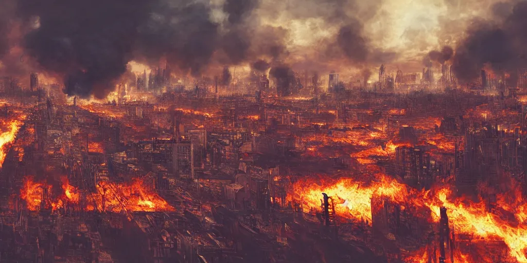 Image similar to steampunk city skyline engulfed in flames, huge explosions everywhere, clouds of smoke, aerial view, cinematic wide shot, very detailed, realistic painting