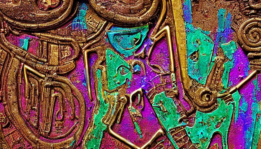 Image similar to h. r. giger hieroglyphs, sorrow intense likely, acid neochrome rainbow gold chrome metal metallic, sense of decay given, throw into the abyssal despair, various refining techniques, micro macro auto focus, top photography photo art gallery, realistic photo, insane detail