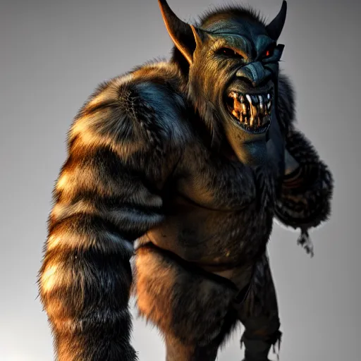 Prompt: A full body shot of an orc threateningly staring into the camera wearing a fur jacket, full body shot, artstation, realistic, highly detailed, symmetrical, hyper realism, high detail, octane render, unreal engine, 8k, Vibrant colors