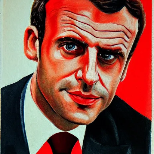 Prompt: painting close portrait of a very serious Emmanuel Macron in soviet propaganda 1930 style, red and brown color scheme, more severe eyes, constructivism