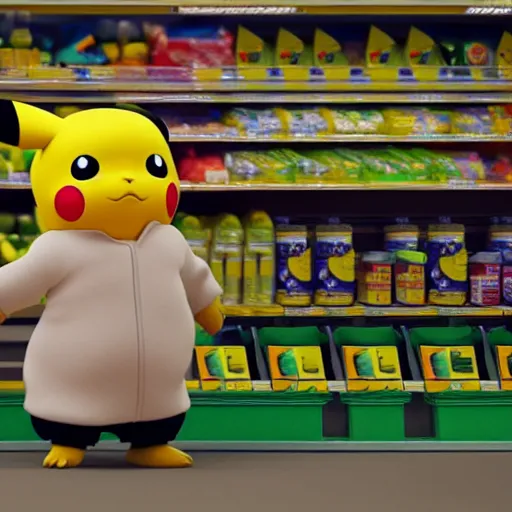 Image similar to Pikachu in a supermarket, matte painting, concept art, cgsociety, octane render, trending on artstation, artstationHD, artstationHQ, unreal engine, 4k, 8k