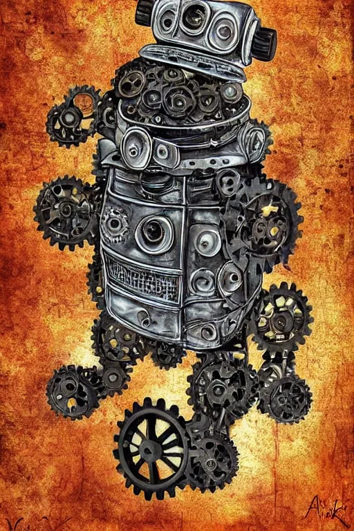 Prompt: robot pug, made of cogs, fairytale, magic realism, steampunk, mysterious, vivid colors, by amanda clarke, piranesi