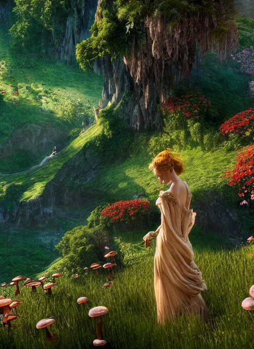 Image similar to an elegant winged fairy in the lord of the rings scenery landscape, looking out at a vast lush valley flowers and homes made of mushrooms, stream, sunrise, god's rays highly detailed, vivid color, cinematic lighting, perfect composition, 8 k, gustave dore, derek zabrocki, greg rutkowski, belsinski, octane render