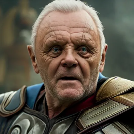 Image similar to Anthony Hopkins as Thor, in the movie Thor: Love and Thunder, cinematic drone photography