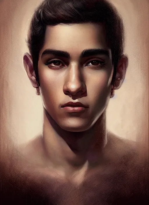 Image similar to a magical portrait of a young colombian male gang member with beautiful brown eyes and short black hair, art by manuel sanjulian and tom bagshaw