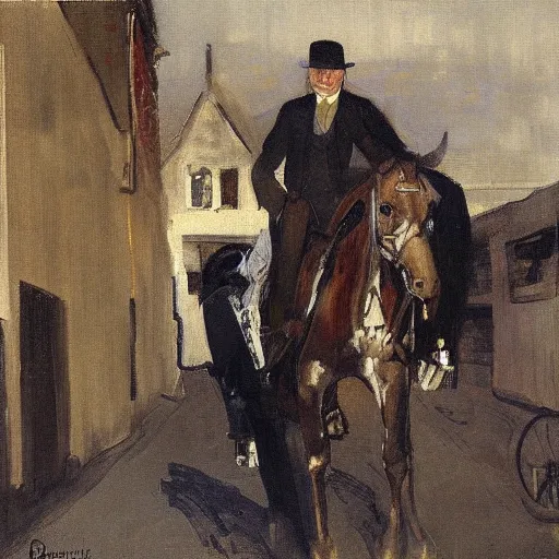 Image similar to painting of a man on a horse in a Dublin alleyway, painted by George Bellows, 1905, detailed brushstrokes