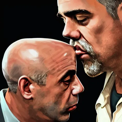 Image similar to Jordan Peterson and Joe Rogan kissing, photo, hyper-realistic, artstation, paparazzi, candid, photorealistic, 4k