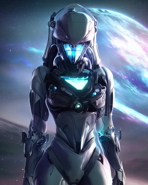 Prompt: photo of a android girl on a mothership, warframe armor, beautiful face, scifi, nebula, futuristic background, galaxy raytracing, dreamy, ethereal, beauty, long white hair, blue cyborg eyes, glowing, 8 k high definition, insanely detailed, intricate, innocent, art by akihiko yoshida, antilous chao, li zixin, woo kim