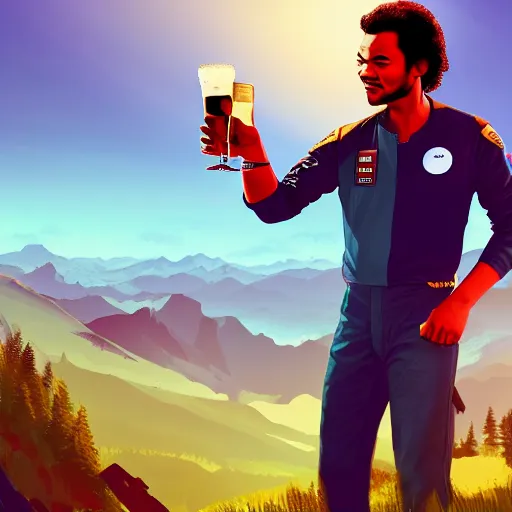 Image similar to Lando Norris at the top of a mountain, scenic view, holding a beer!!, digital art, gta 5 cover art, trending on artstation