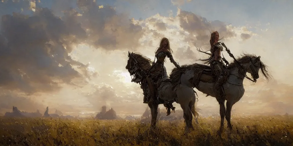 Image similar to portrait of girl medieval armor and one metal horse landscape of meadow poses by gaston bussiere, anna nikonova aka newmilky, greg rutkowski, yoji shinkawa, yoshitaka amano,, donato giancola, geoffroy thoorens, concept art, trending on artstation, featured on pixiv, cinematic composition, 8 k