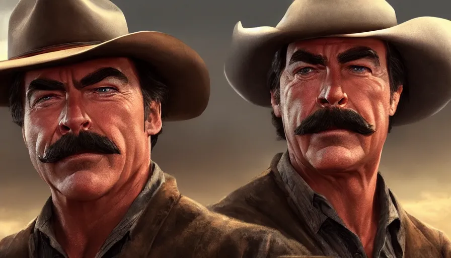 Image similar to tom selleck in a western movie, hyperdetailed, artstation, cgsociety, 8 k