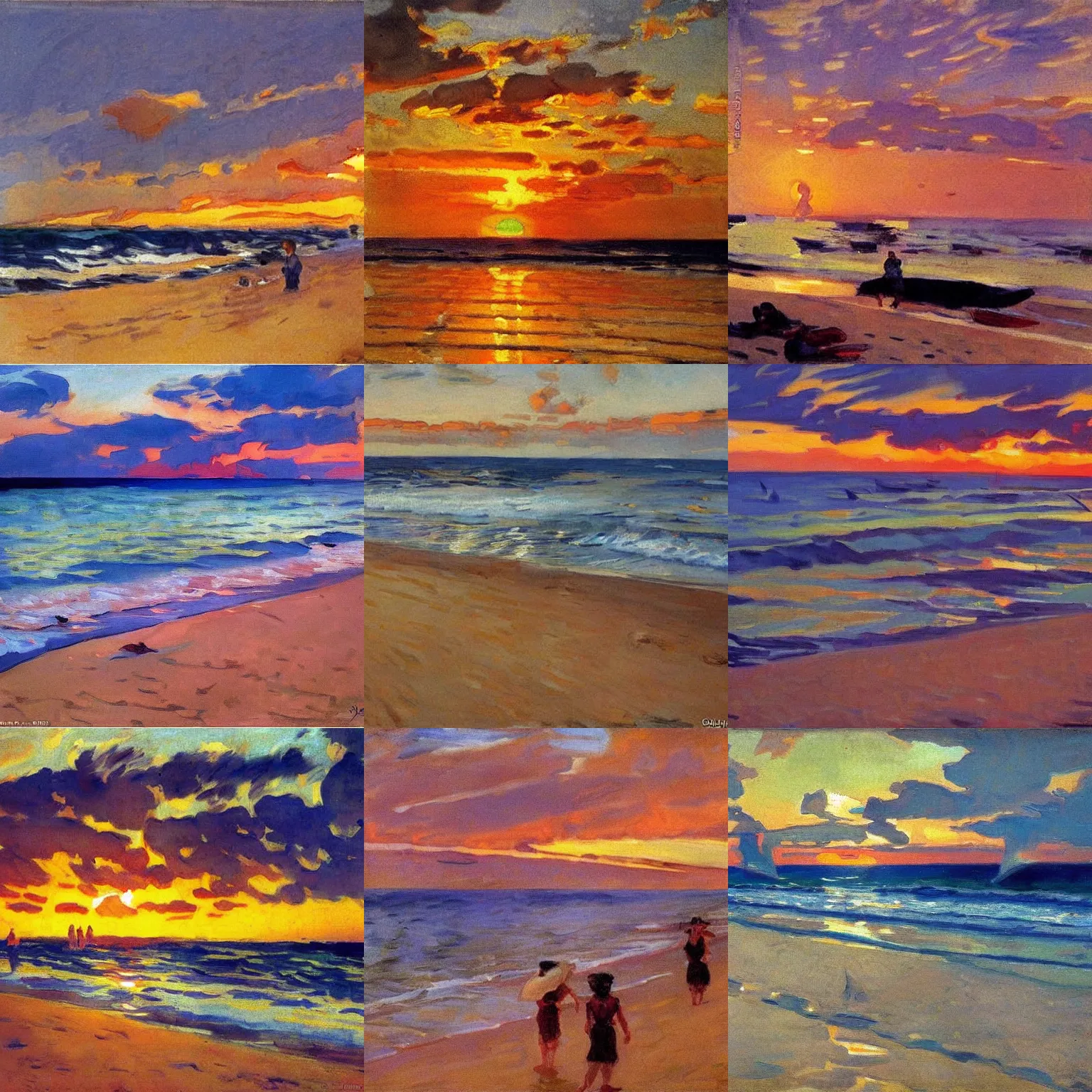 Prompt: A stunning sunset in the beach, by Joaquín Sorolla