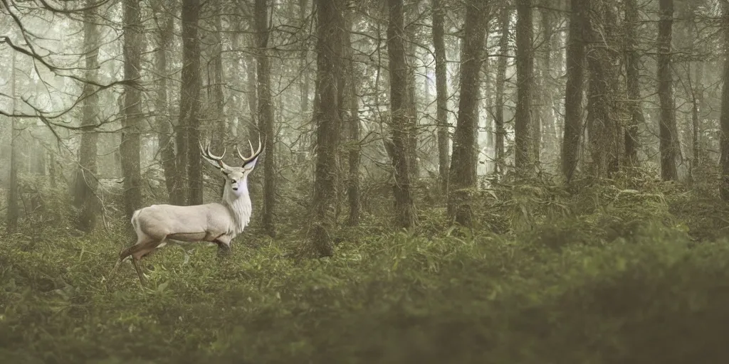 Prompt: king of the forest, a white stag, beautiful, fantasy, hyper realistic, dramatic lighting, cinematic, 3 5 mm lens, 8 k,