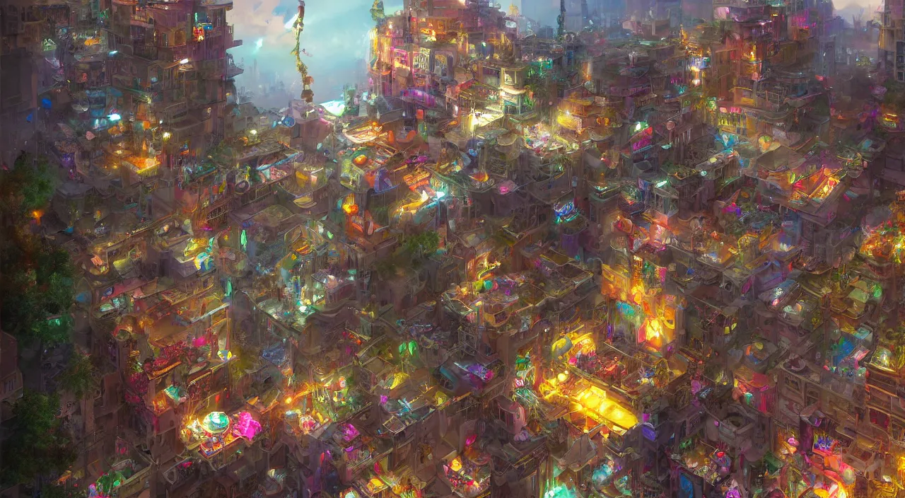 Image similar to bazaar zouk place aladin block greeble multicolorful sky shine mattepainting, street art, trending on artstation, by huang guangjian and gil elvgren and sachin teng