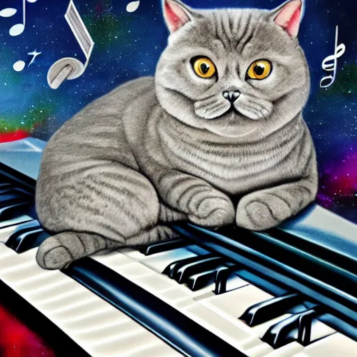 Prompt: grey british shorthair cat sitting on piano keys with musical notes in the background colorful detailed painting 4 k