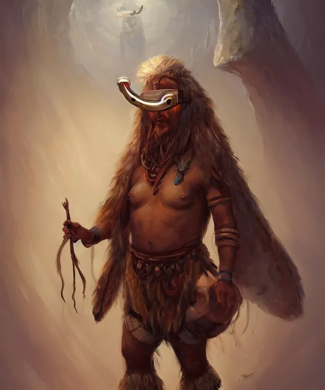 Image similar to Neolithic shaman wearing Virtual Reality set, prehistoric, semi realistic character concept art, character full body portrait painting, DeviantArt Artstation, by Jason Felix by Steve Argyle by Tyler Jacobson by Peter Mohrbacher, cinema