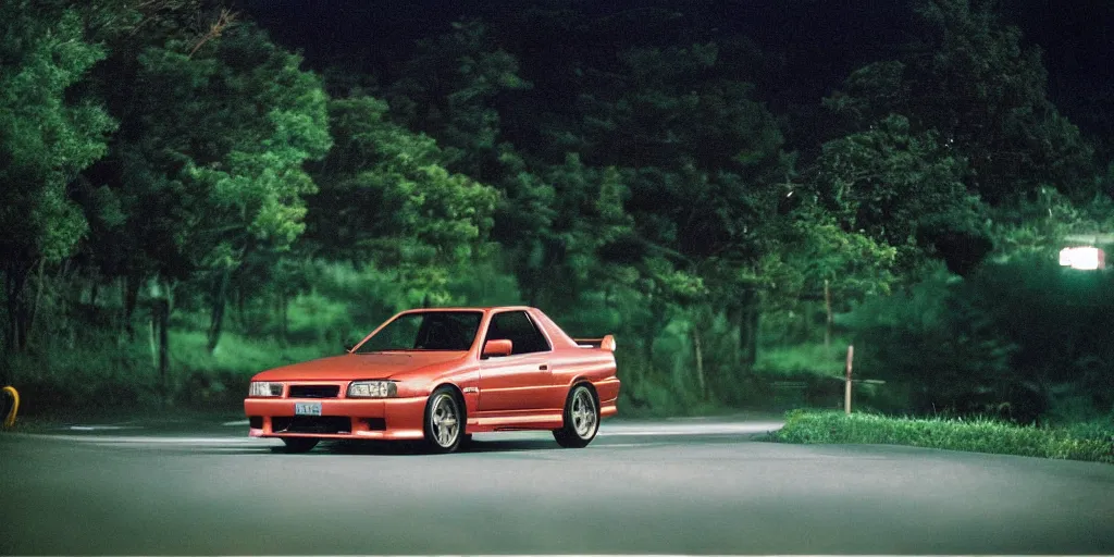 Prompt: Beautiful 90s Photograph of Nissan Skyline R33 on a road in Japanese countryside, nightime